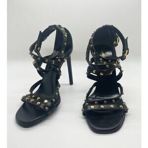 Saint Laurent Jerry Black and Gold Studded Sandals Heels Leather Strappy size 36